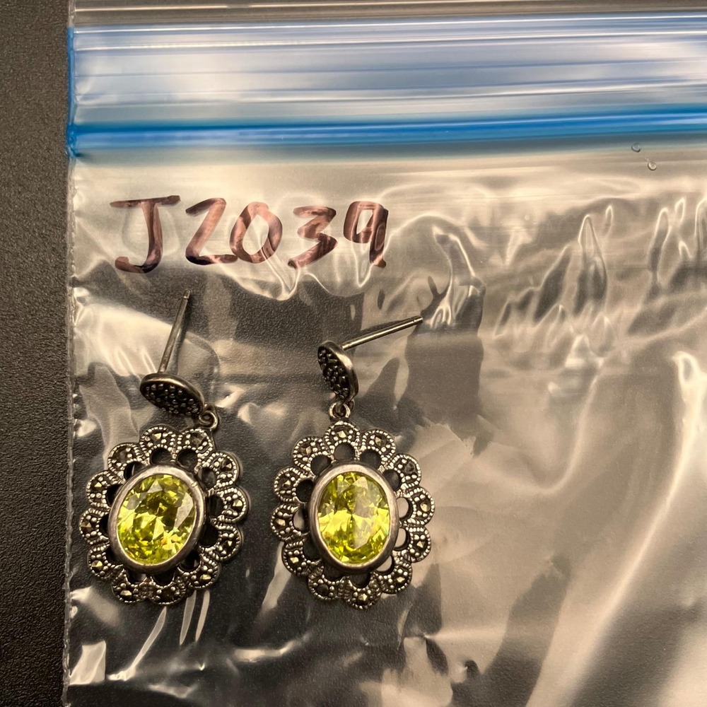Sterling Silver Earrings Green Stone Marcasite Drop 1.125" - Picture 10 of 10